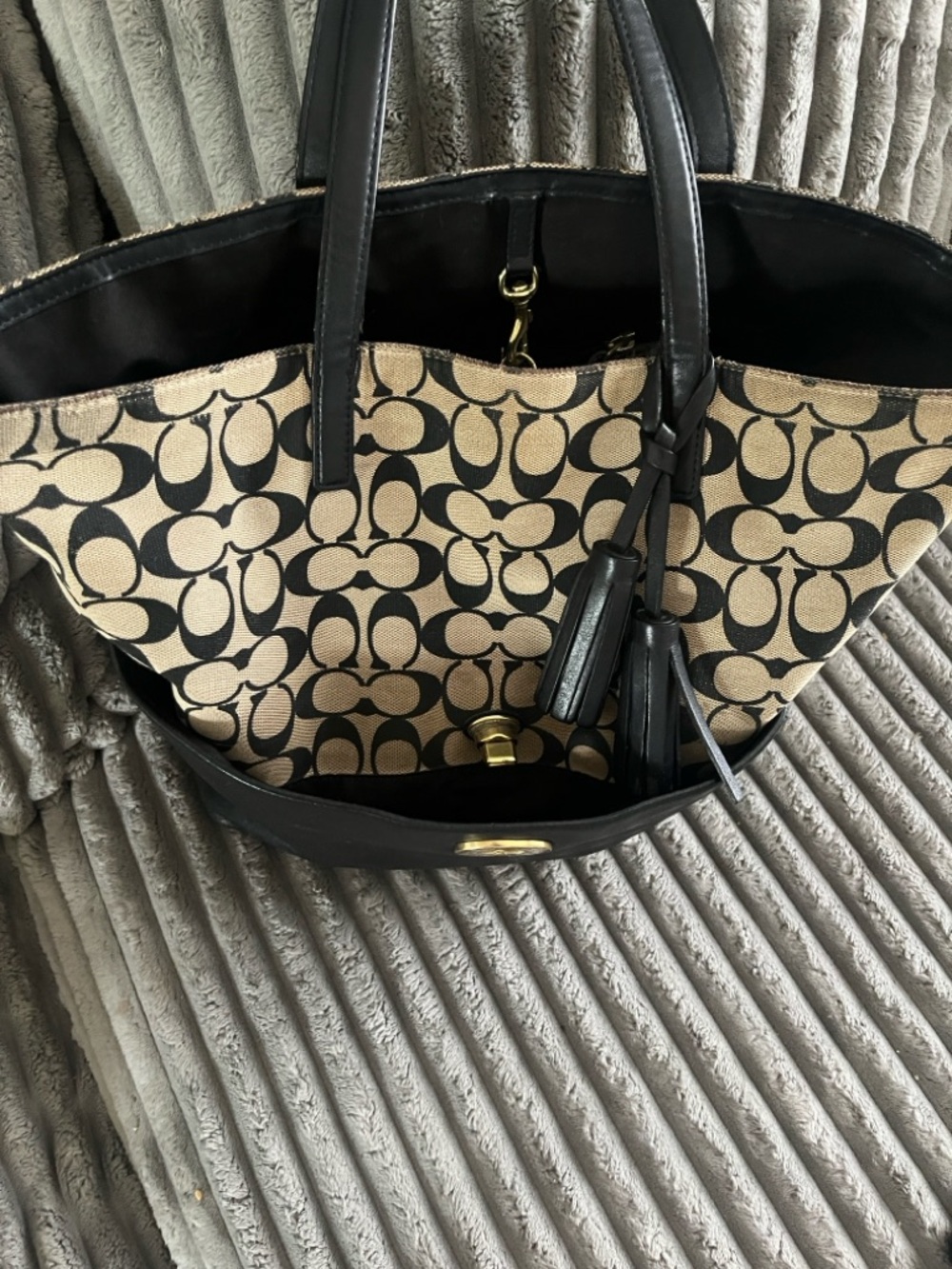 Coach Two-Tone Signature Canvas Tote with Black Leather Base - Picture 2 of 11